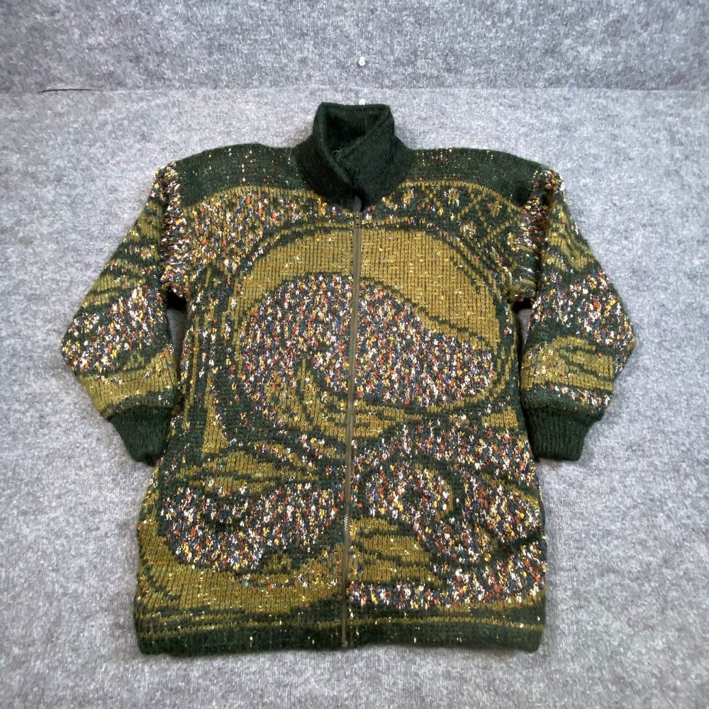 Vintage Lilly of California Green Wool Blend Abstract Knit Zip Up Jacket XL